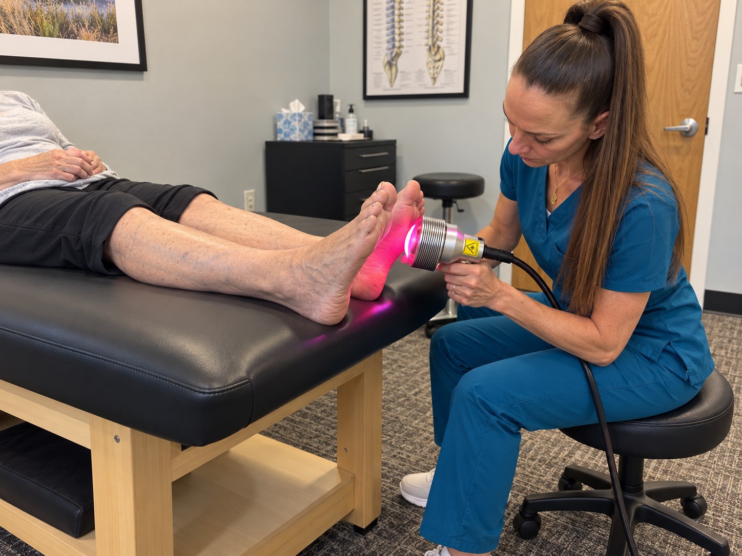 Dr. Jennifer Saboy, DC (Dr. J) providing Class IV laser therapy to a patient's feet for neuropathy in Cheyenne