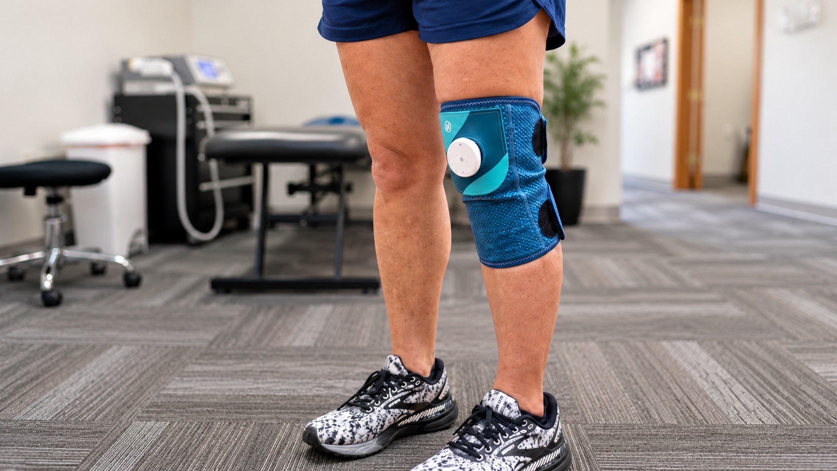 A patient standing while wearing an at-home knee neurostimulator wrap at Althoff Wellness Clinic in Cheyenne, WY