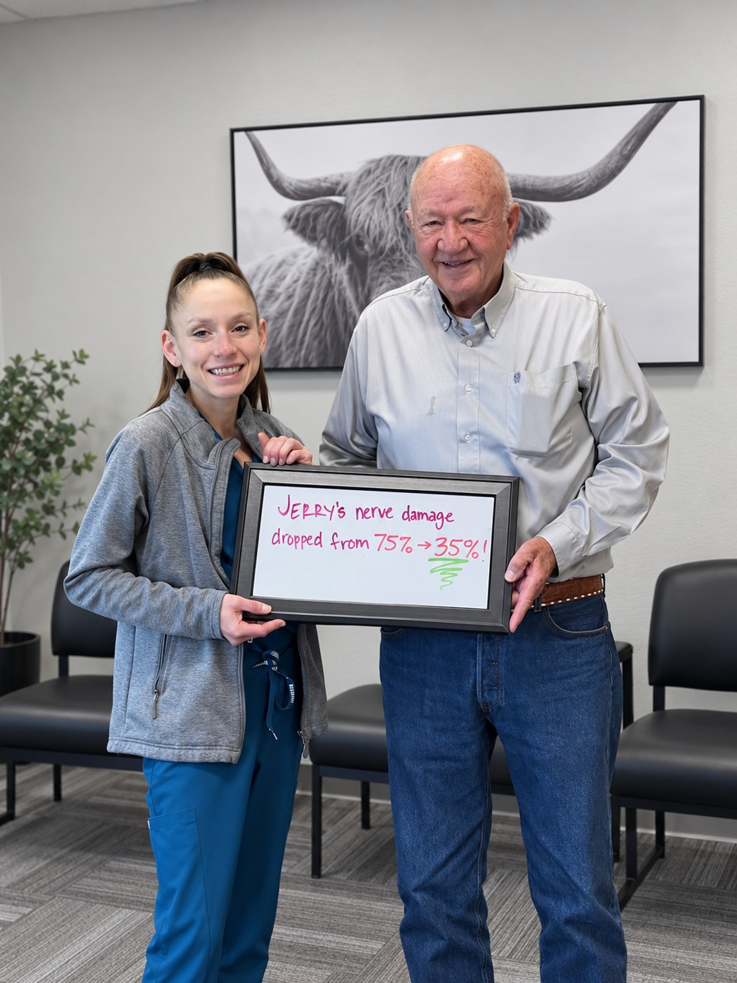 Patient Jerry holding a whiteboard about his neuropathy progress with an Althoff Wellness Clinic team member in Cheyenne
