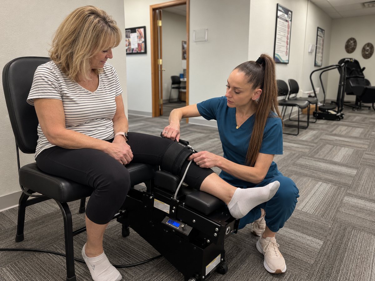 Dr. J fitting a patient's knee into the Knee on Trac decompression device