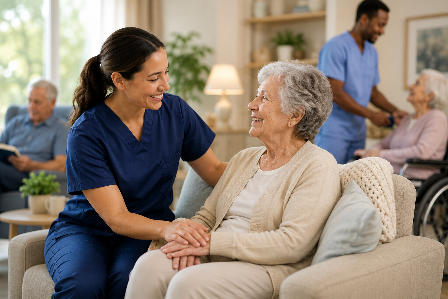 Nurse smiling with elderly patient in a home care setting in Southwest Florida