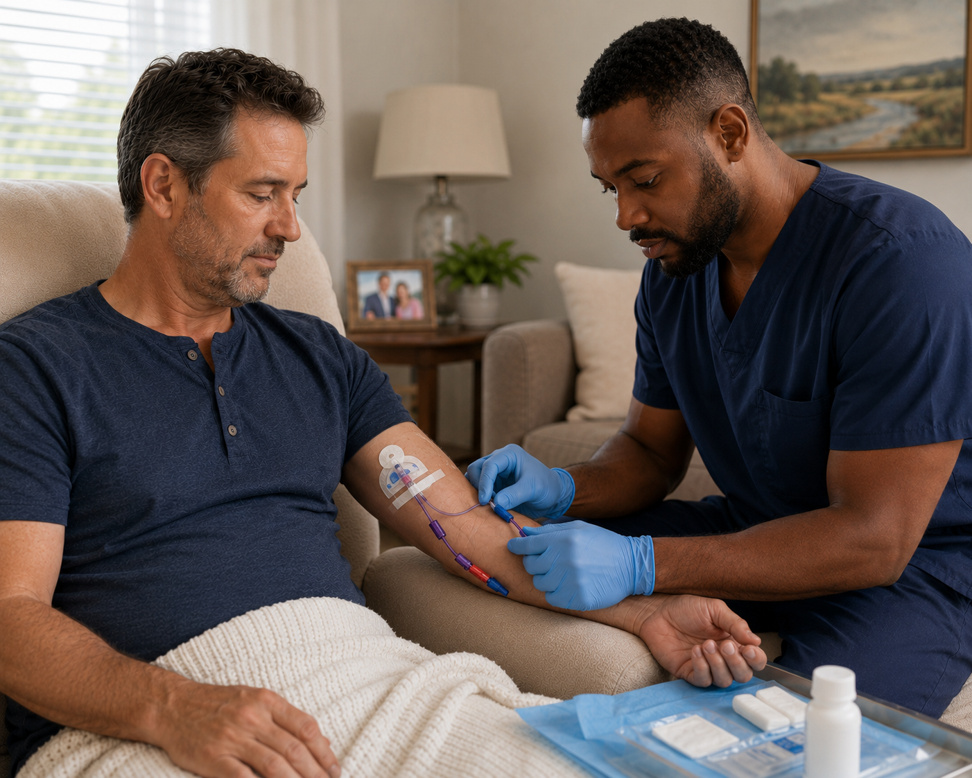 Nurse performing PICC line care on a patient at home in Southwest Florida