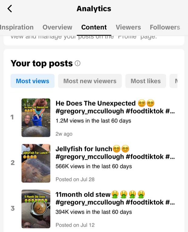 TikTok top posts list for the same 60 days showing 1.2M views on the first post and 566K on the second
