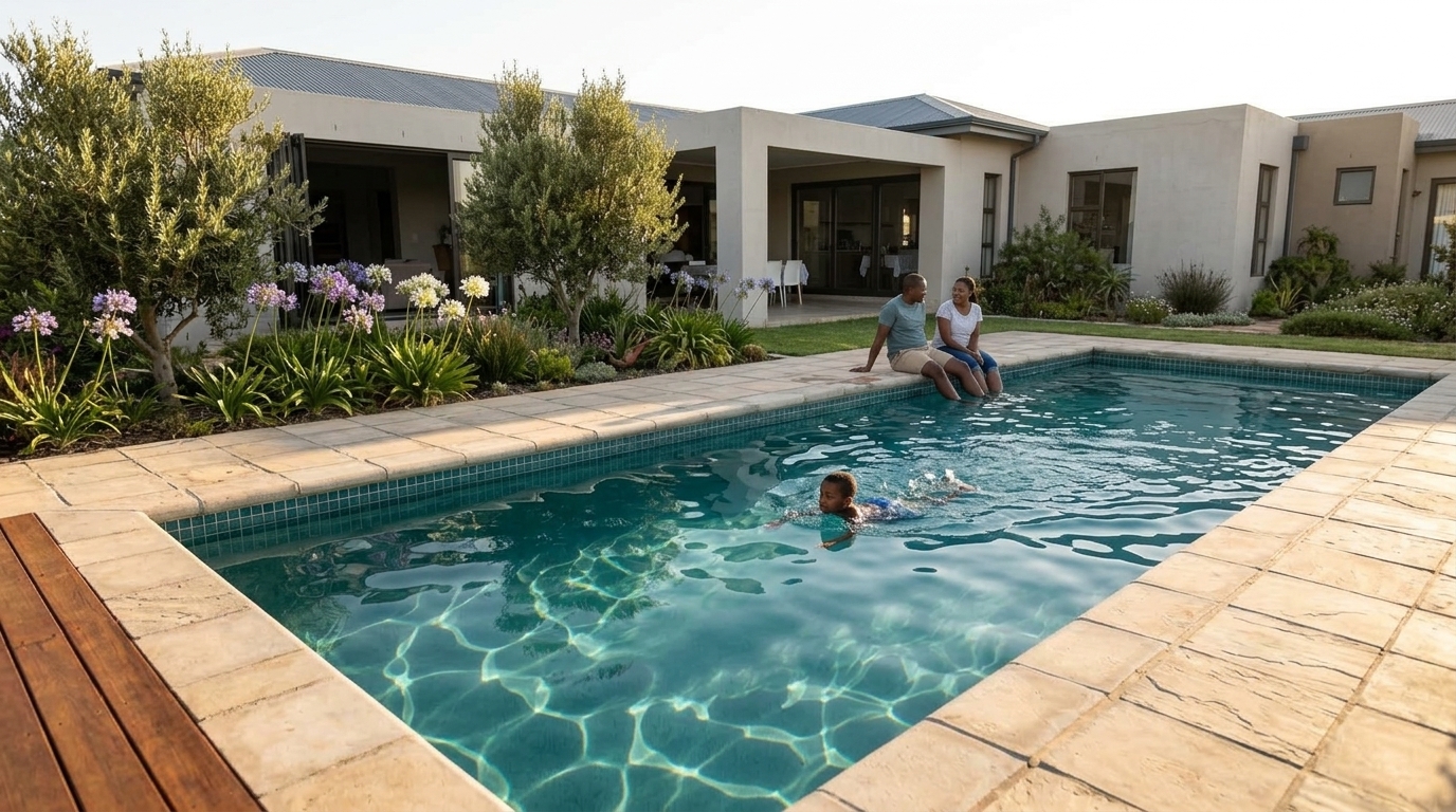 A family spending an afternoon at a home swimming pool