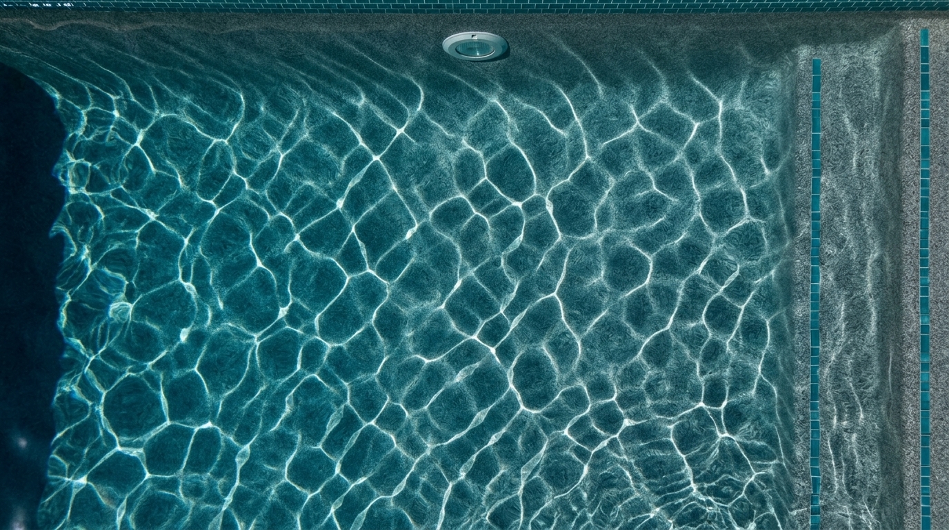 Looking straight down through clear pool water to the floor, with sunlight patterns moving across it