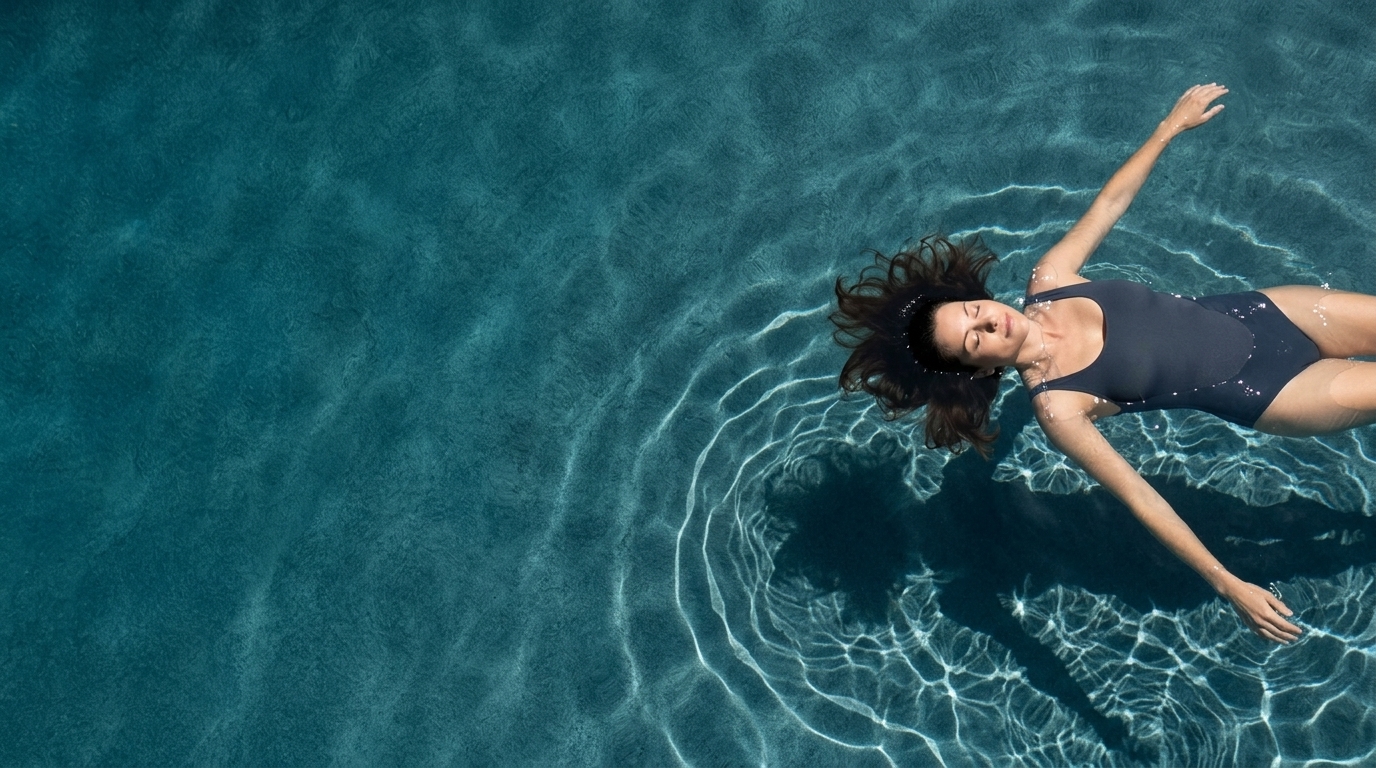 A woman floating on her back in a pool, relaxed, eyes closed