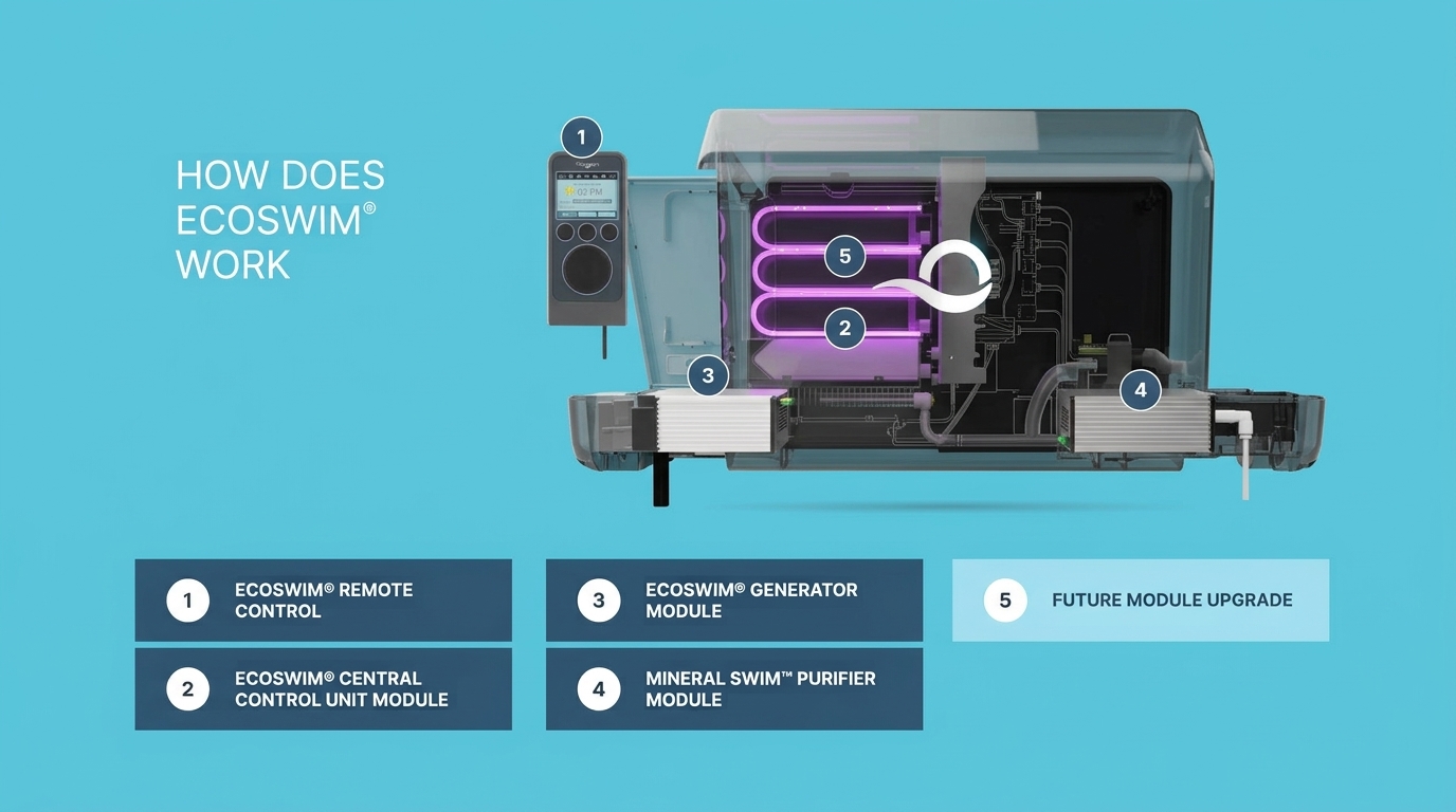 Cutaway of the EcoSwim control unit showing the remote, the central control unit, the generator module, the Mineral Swim V2 Purifier module and the free upgrade bay