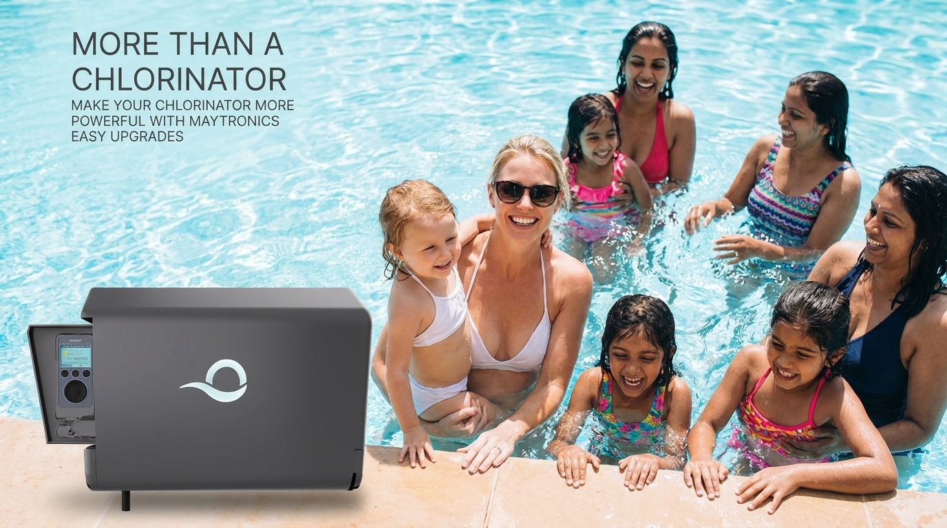 An EcoSwim control unit beside a family in a swimming pool, captioned More than a chlorinator