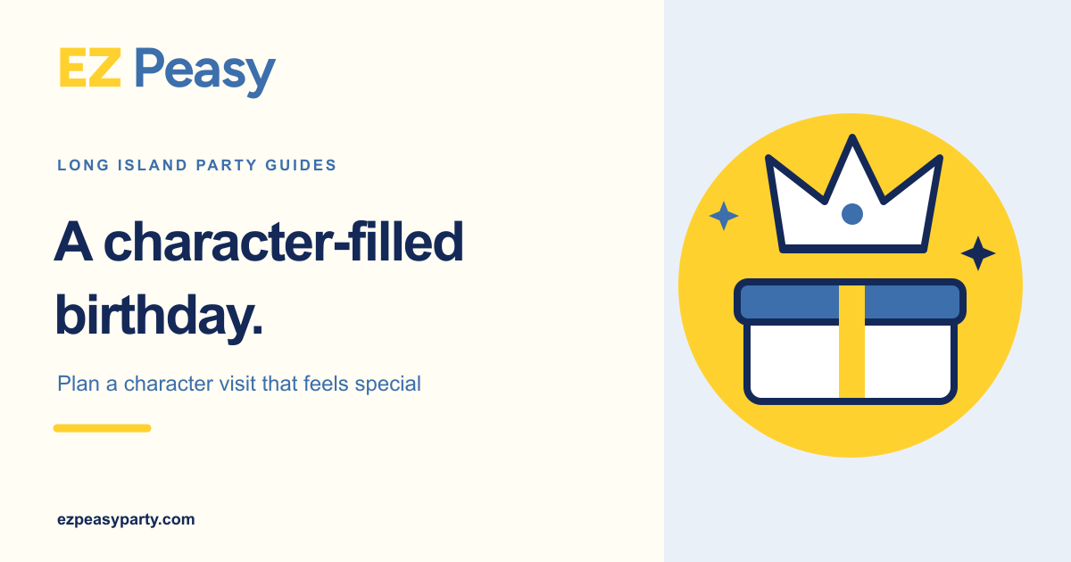 Illustrated party crown and wrapped gift in EZ Peasy yellow and blue, for a character birthday party guide