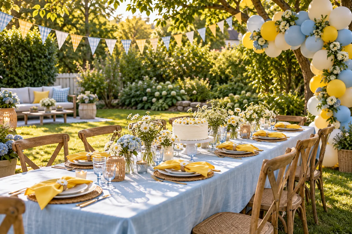 Garden party dining table with blue and yellow decor; AI-created illustration