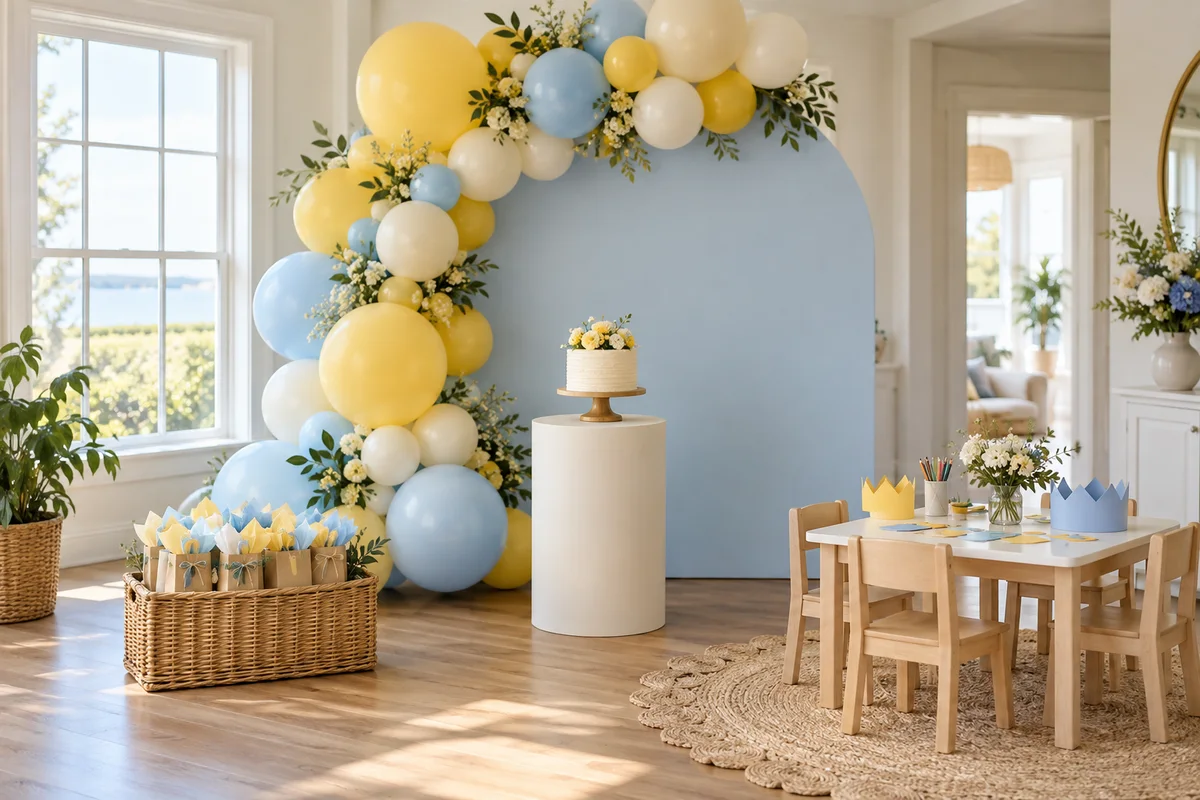 Blue and yellow balloon backdrop beside a children’s craft table; AI-created illustration