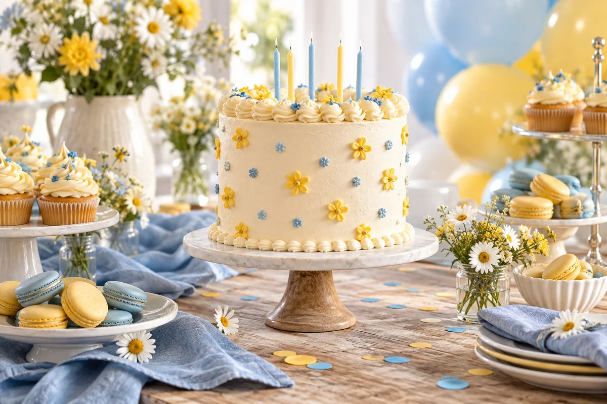 Celebration cake decorated with blue and yellow flowers; AI-created illustration
