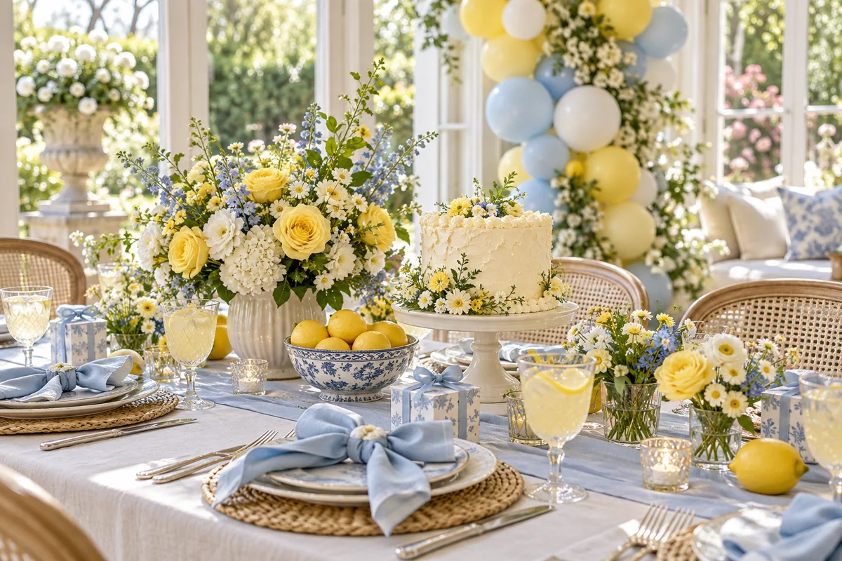 Shower brunch table with flowers, favors and refreshments; AI-created illustration