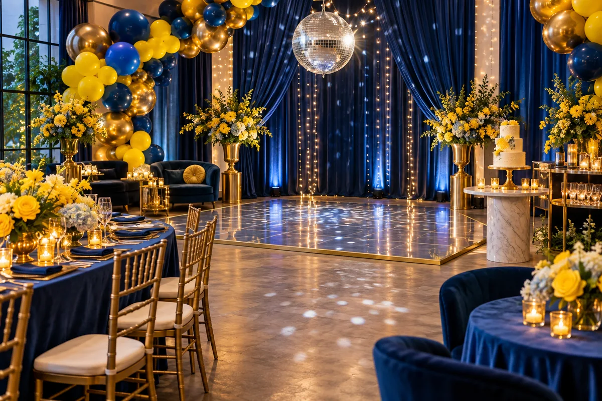 Birthday celebration room with balloons, a disco ball and a dance area; AI-created illustration