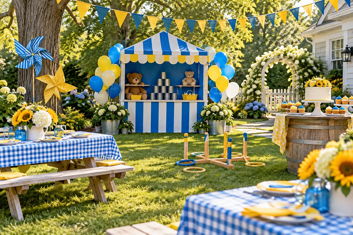 Sunny backyard mini carnival with blue and yellow bunting, picnic tables and games; AI-created inspiration