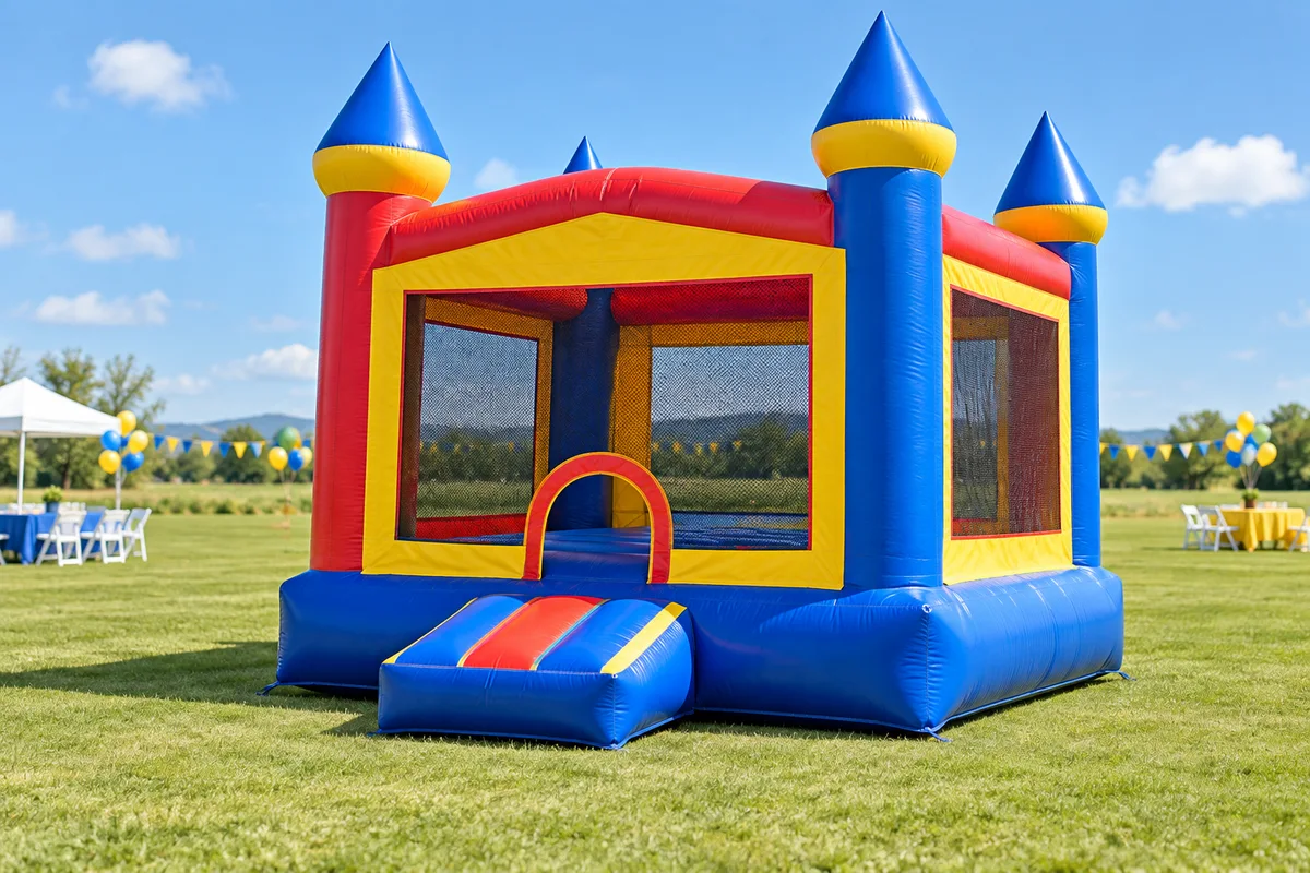 Colorful bounce house with mesh sides on a clear garden lawn; AI-created illustration