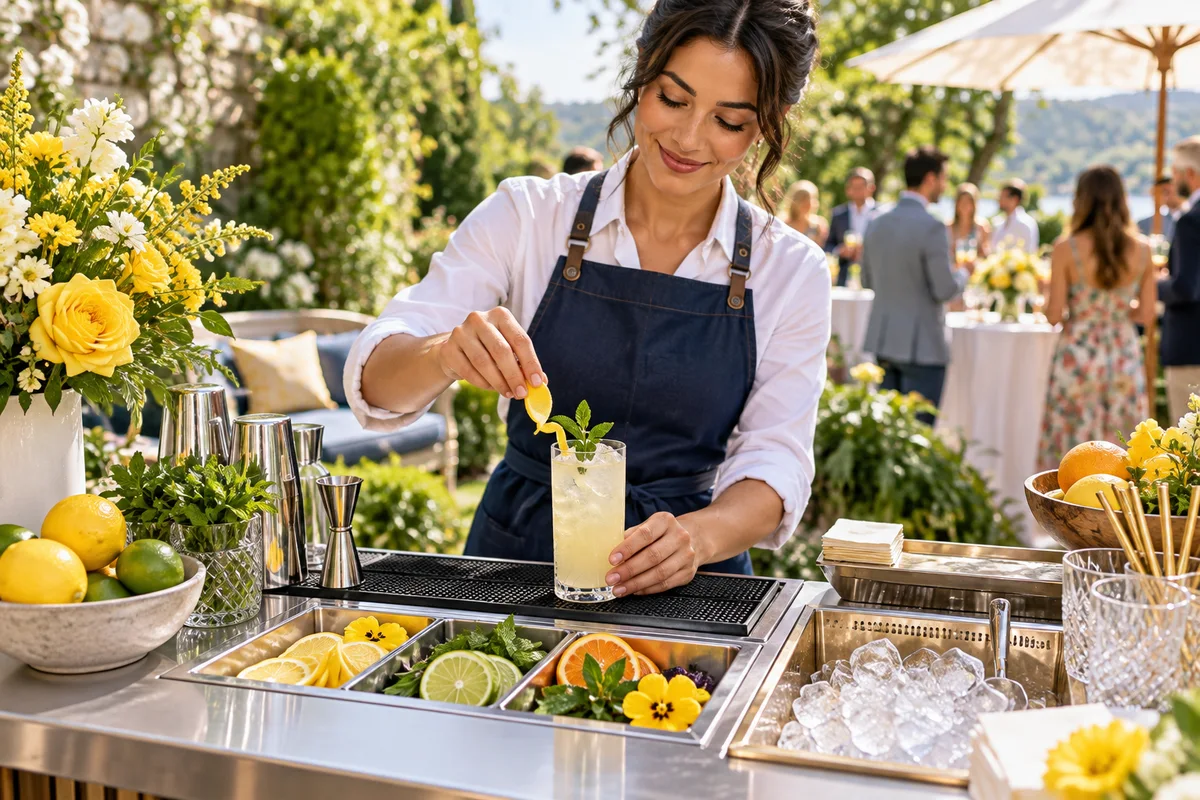Bartender preparing a citrus drink at a portable garden-party bar; AI-created illustration