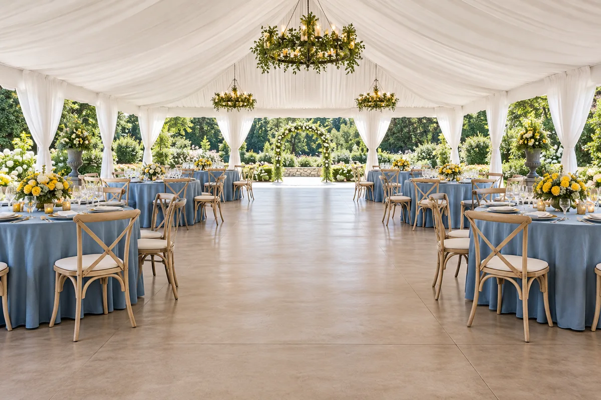 Event tent with dining tables, blue linens and clear central aisles; AI-created illustration