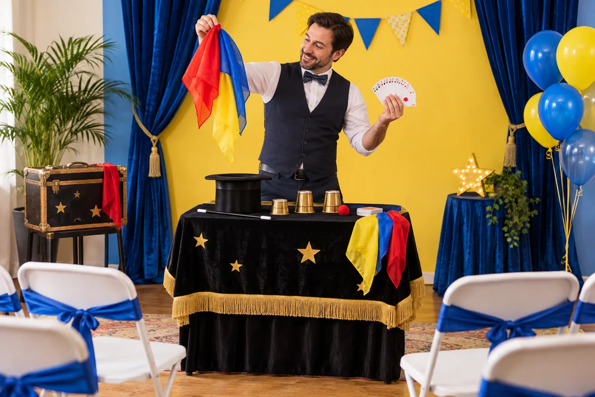 Magician demonstrating scarves and cards in front of a birthday-party backdrop; AI-created illustration