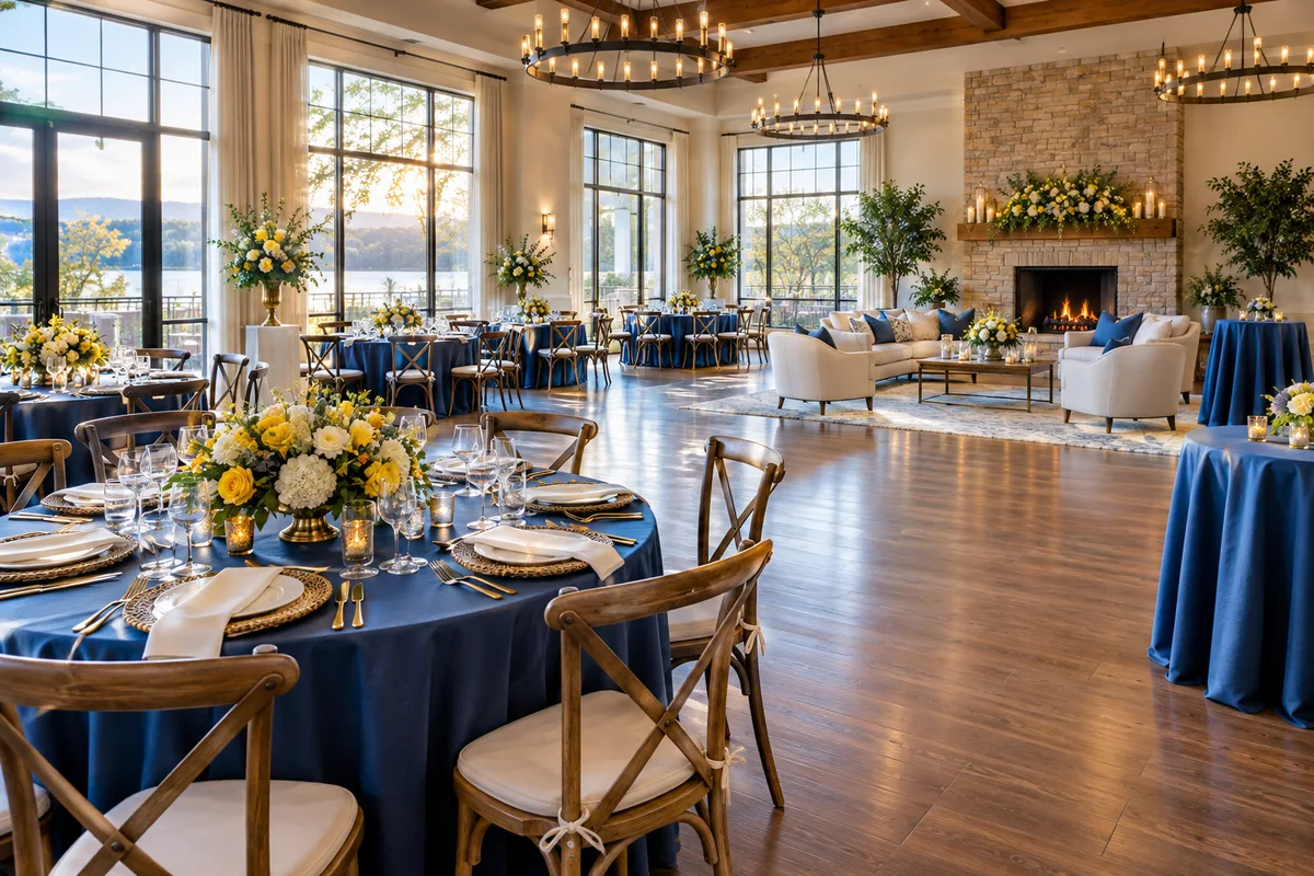 Private event room with dining tables and open gathering space; AI-created illustration