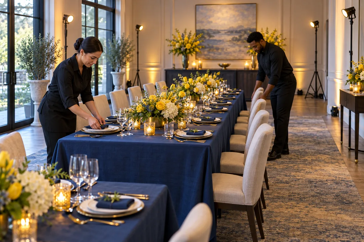 Event staff preparing tables and chairs before a celebration; AI-created illustration
