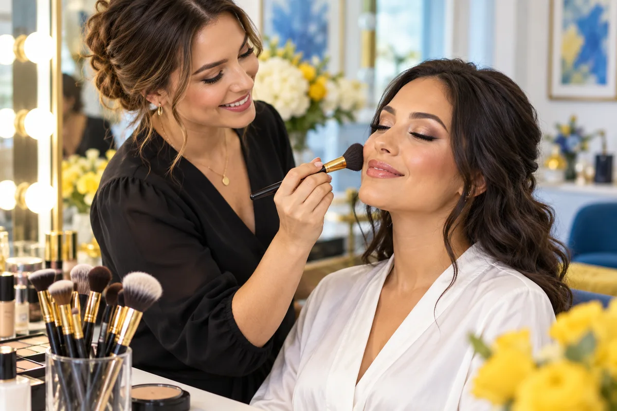 Makeup artist working with an adult client at a lighted vanity; AI-created illustration