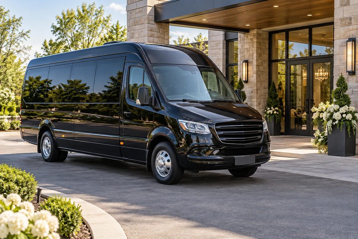 Passenger shuttle parked at a venue entrance; AI-created illustration
