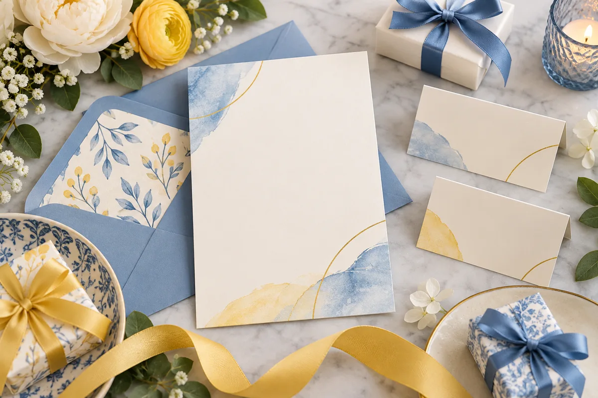 Coordinated party stationery, ribbon and wrapped favors; AI-created illustration