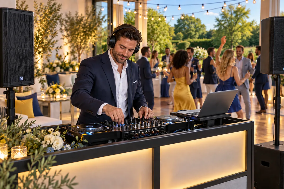 DJ operating a mixing desk beside a private party dance floor; AI-created illustration