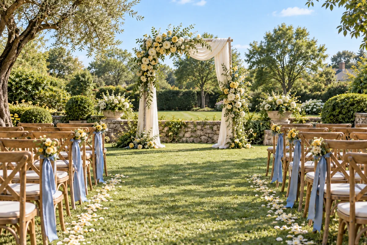 Garden ceremony arch with rows of chairs and a clear central aisle; AI-created illustration