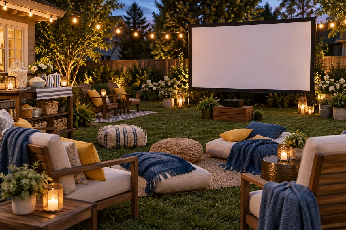 Backyard movie screen with comfortable seating and soft string lights; AI-created illustration