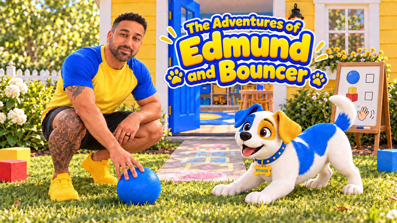 Edmund and his blue-and-yellow puppy Bouncer in their colorful adventure garden