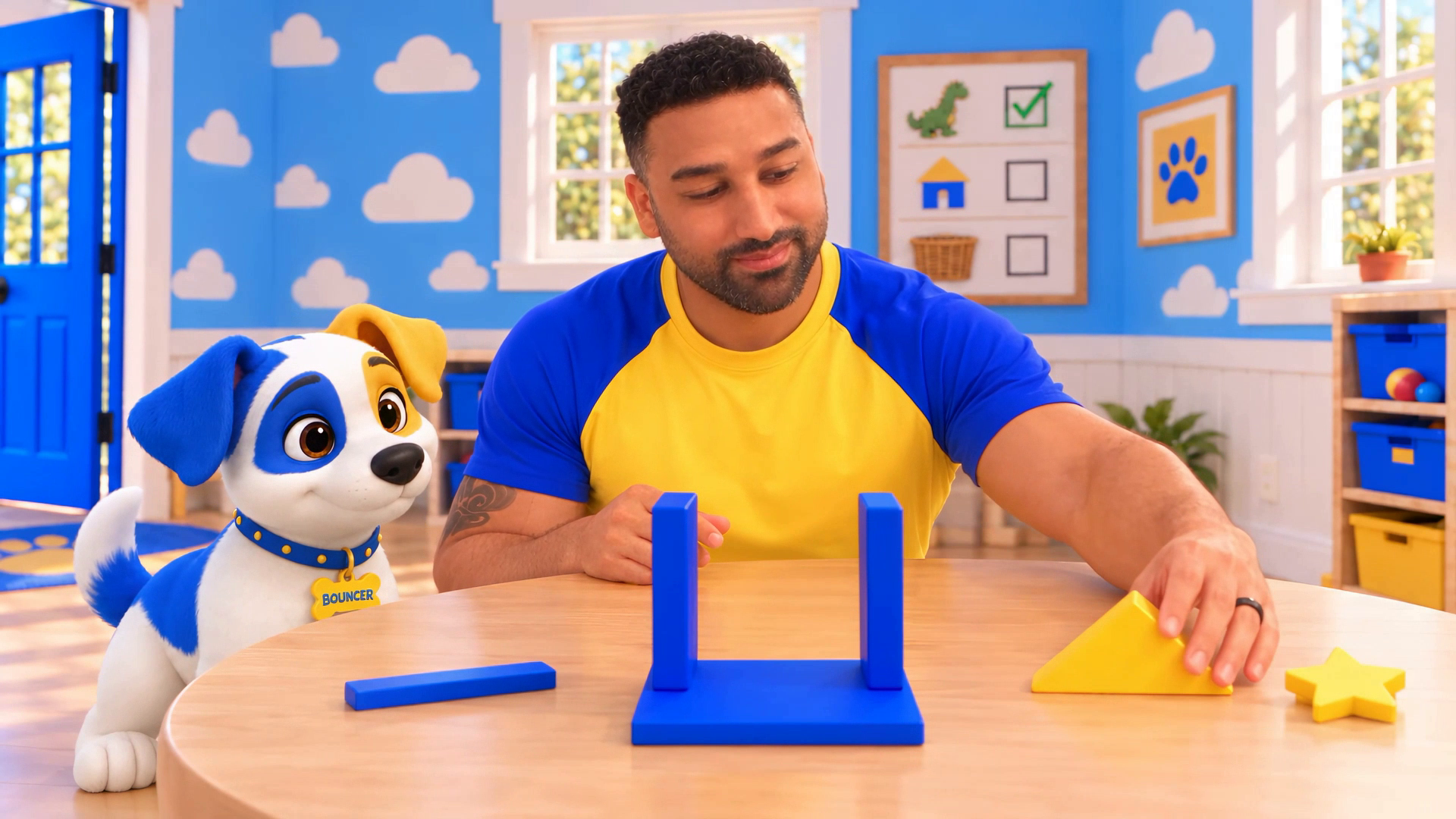 Edmund and Bouncer building a little house with colorful shapes in their playroom