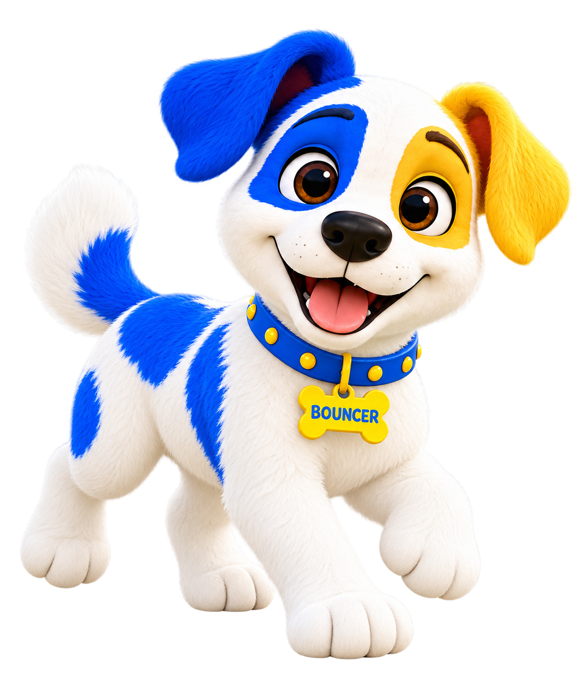 Smiling full-body Bouncer with blue and yellow ears, a blue collar and a yellow name tag