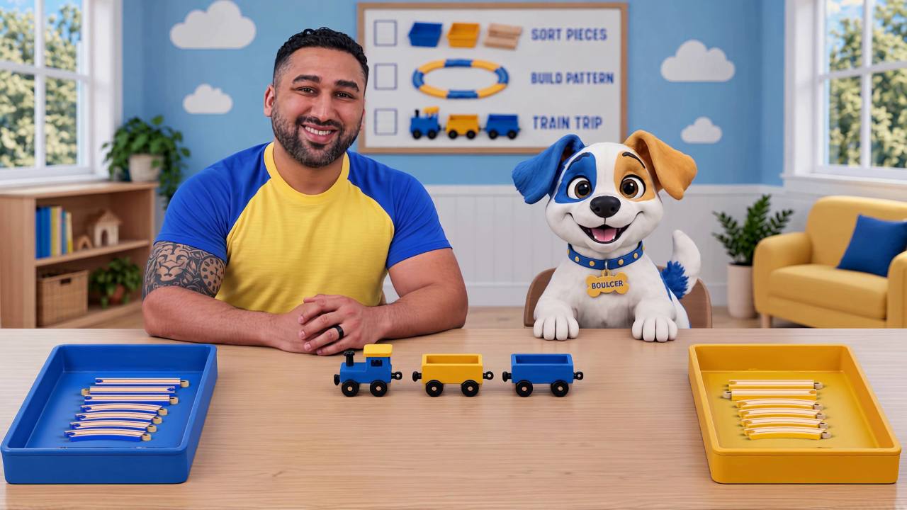 Edmund and Bouncer smiling at their table with a blue-and-yellow toy train and matching track pieces