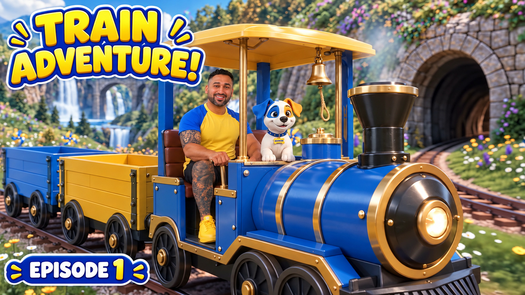 Edmund and Bouncer riding their blue-and-gold Adventureland train