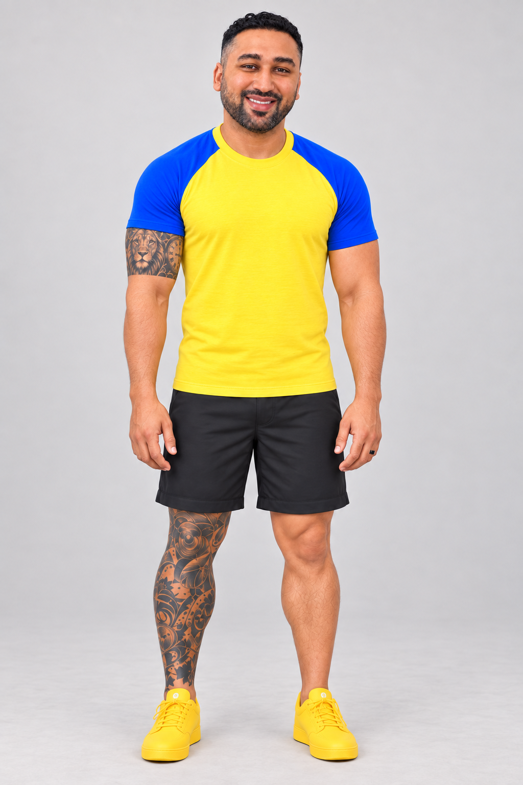 Edmund in his signature yellow shirt, blue sleeves and yellow sneakers