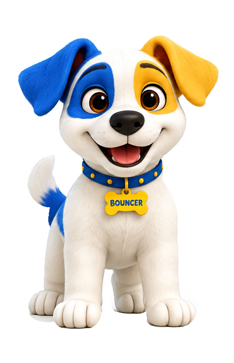 Bouncer, Edmund’s blue, yellow and white dog character