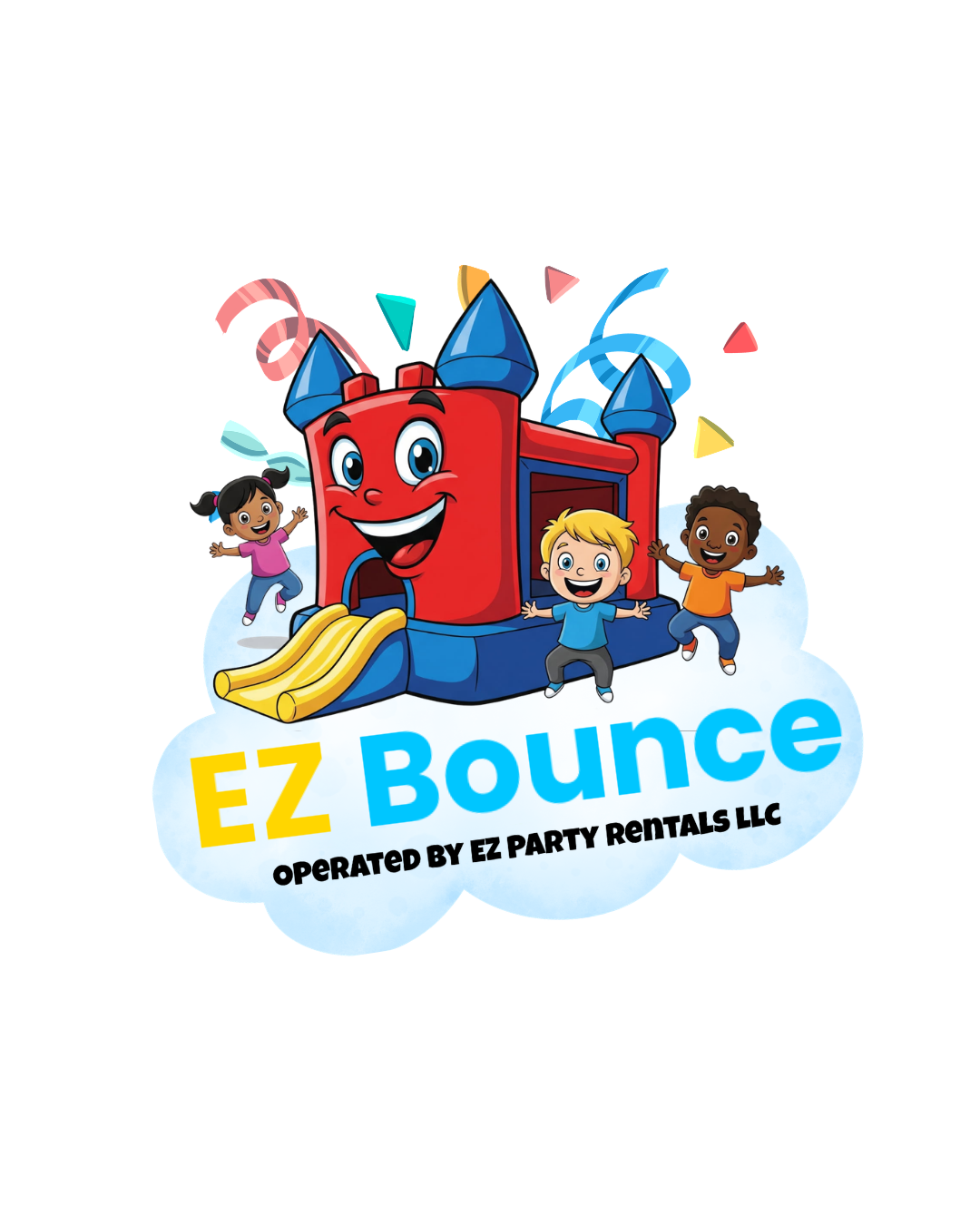 EZ Bounce Long Island logo with a happy bounce house and kids