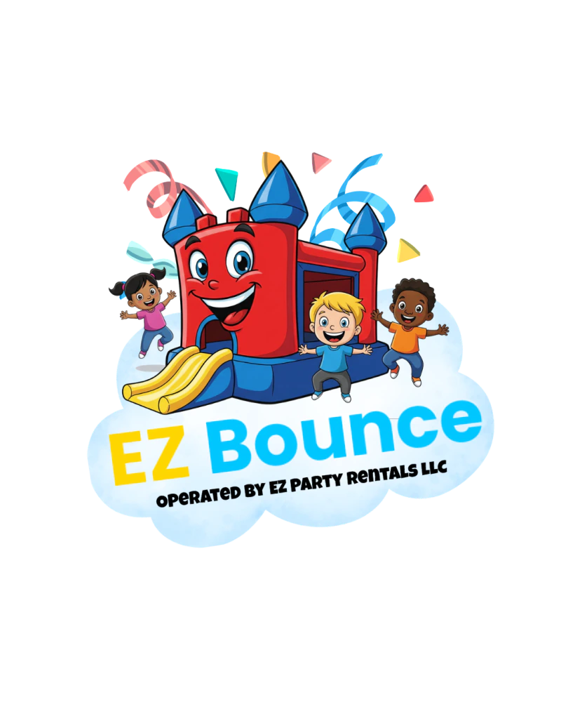 EZ Bounce Long Island logo with a happy bounce house and kids