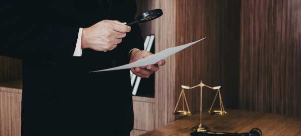 Attorney reviewing a document with a magnifying glass beside scales of justice, illustrating law firm due diligence, cash flow planning, and tax reserve strategy.
