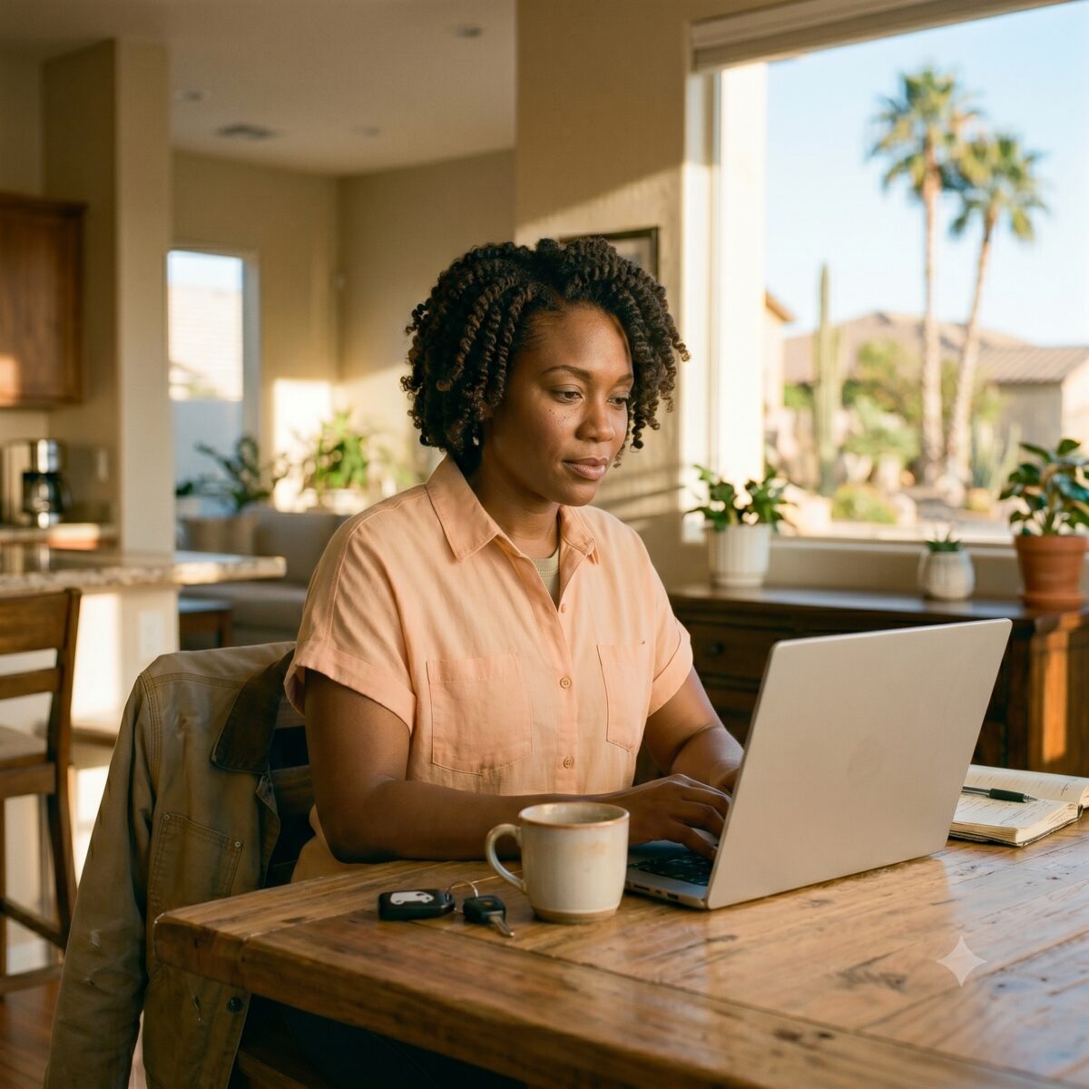 A business owner at her kitchen table checking the calendar on her laptop