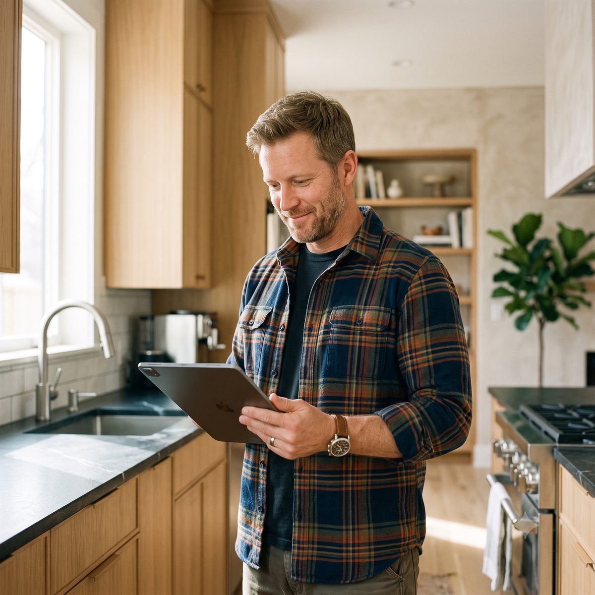 A homeowner reading a contractor's website on a tablet in his kitchen