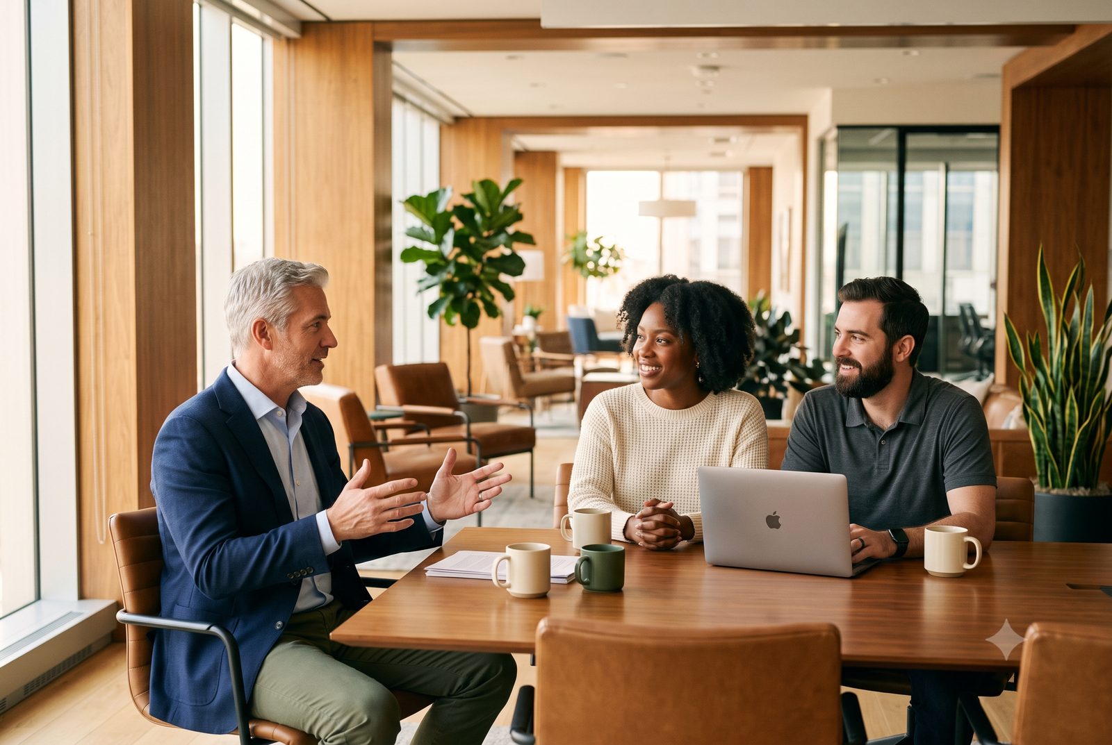 A contractor sitting down with two homeowners to talk through a job