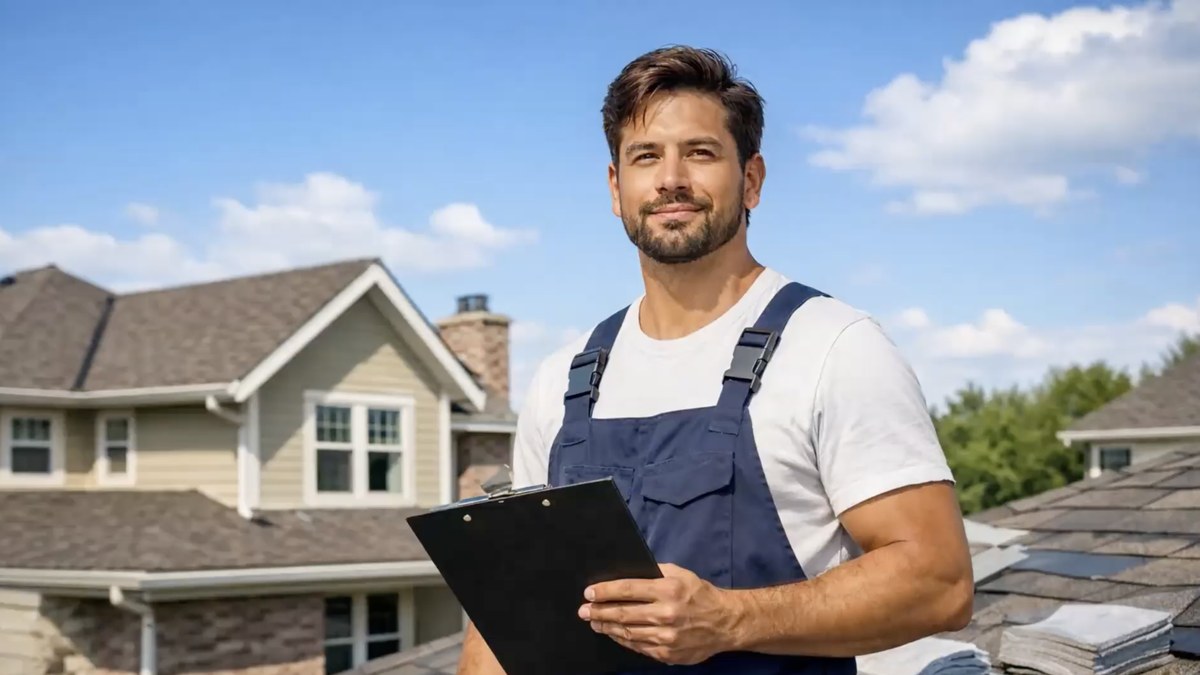 A roofer on a job with a clipboard, hands full