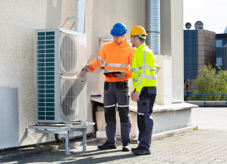 HVAC servicemen inspecting an HVAC system of a building on the rooftop