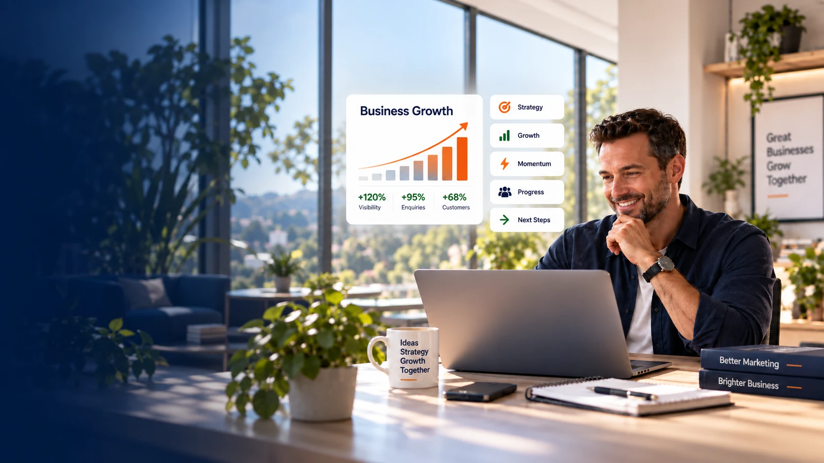 Illustrative business-growth scene: the same owner at a laptop in a sunlit workspace, beside an upward chart and example visibility, enquiry and customer figures. These are not customer results.