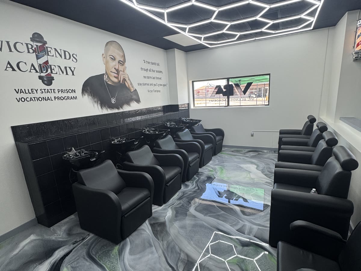 Vic Blends Academy barber school at Valley State Prison with a gray and green metallic epoxy floor, installed by Exclusive Resins