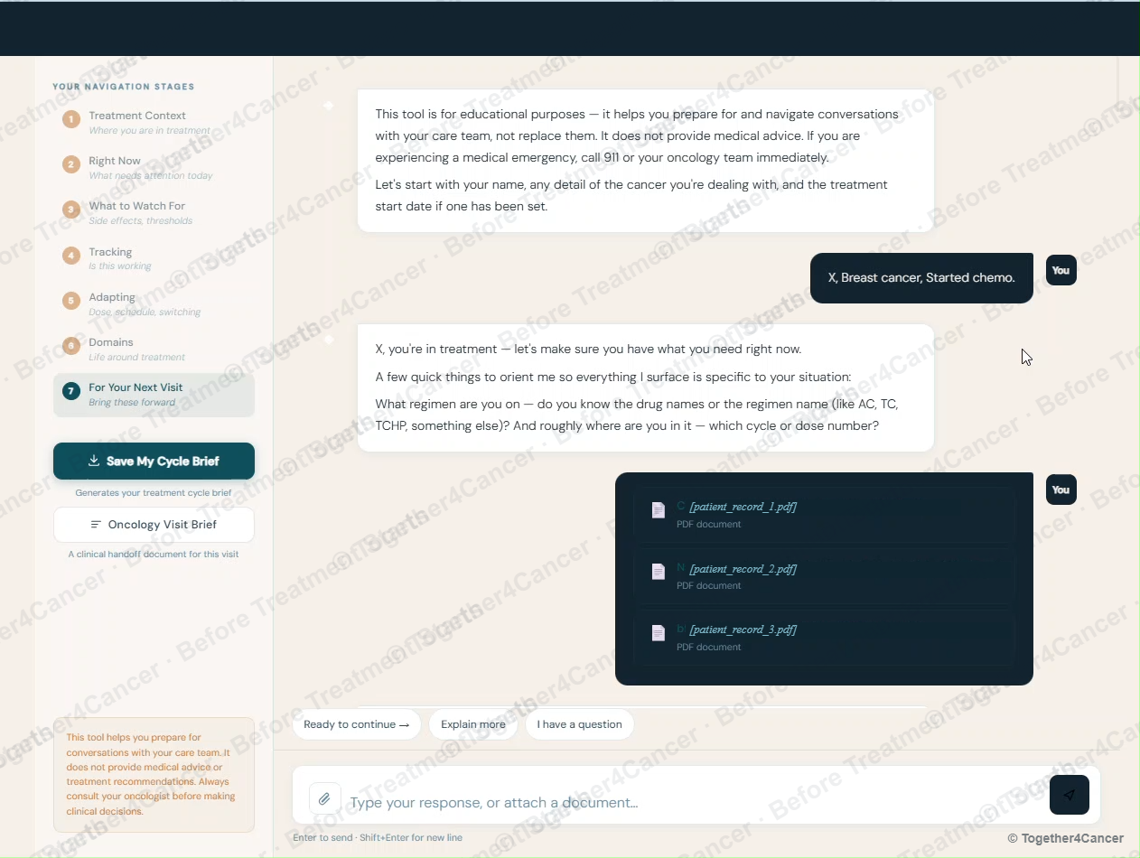 A welcome message asks for the patient's name and treatment context. The user has typed a brief reply and dropped in three PDF medical records.