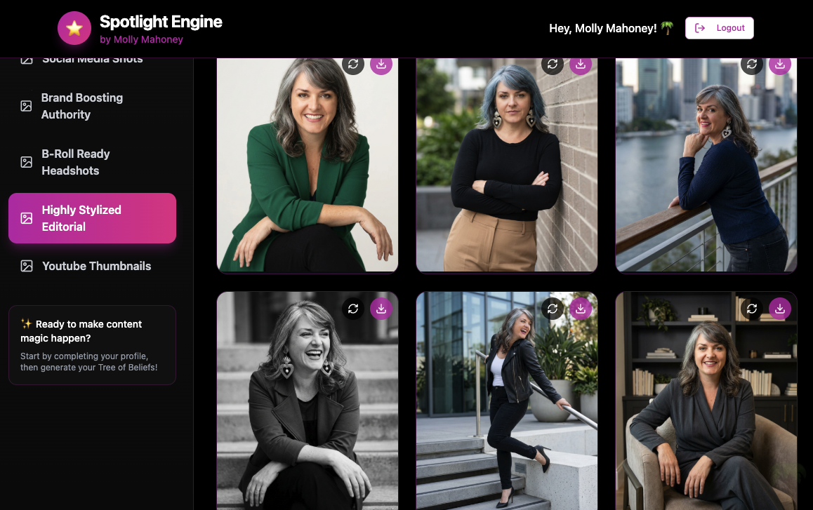 AI generated image gallery inside the Spotlight Engine